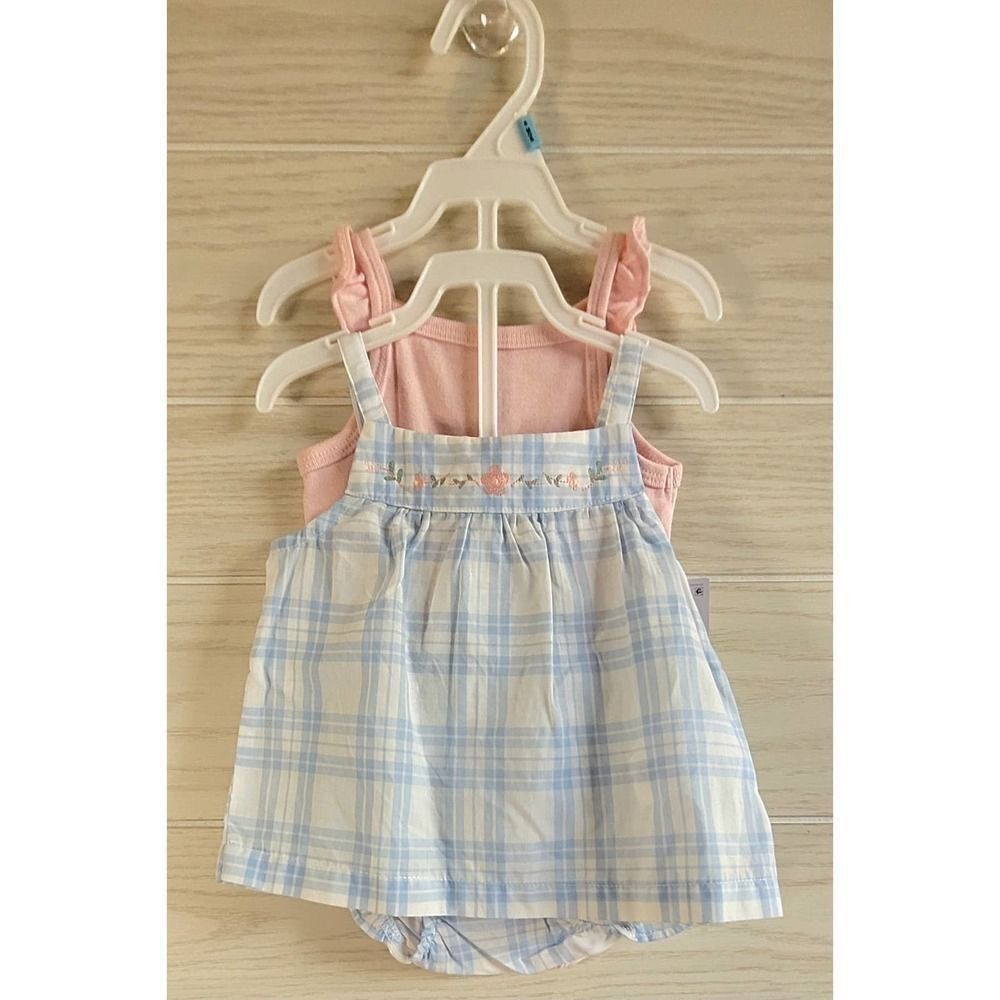 Carter's 3 piece Blue Plaid Pink Onsie Set with ruffle Bottom Girls Size 6m NEW